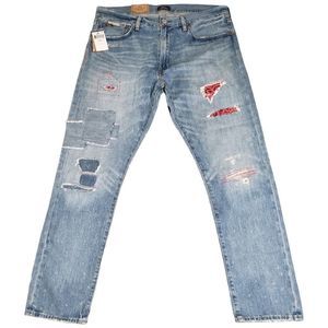 Polo Ralph Lauren Men Bandana Sullivan Slim Jean Distressed Patchwork Red 34x30